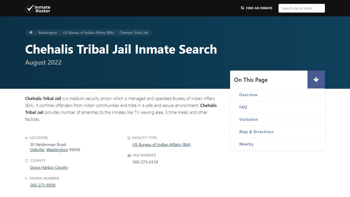 Inmate Search 🔍 | Chehalis Tribal Jail - Oakville, WA